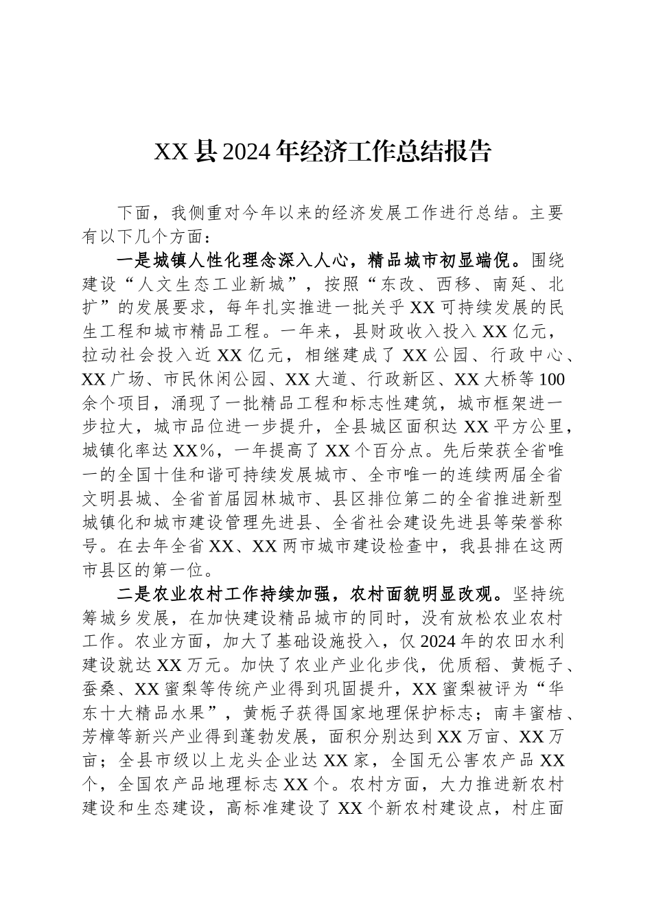 XX县2024年经济工作总结报告_第1页