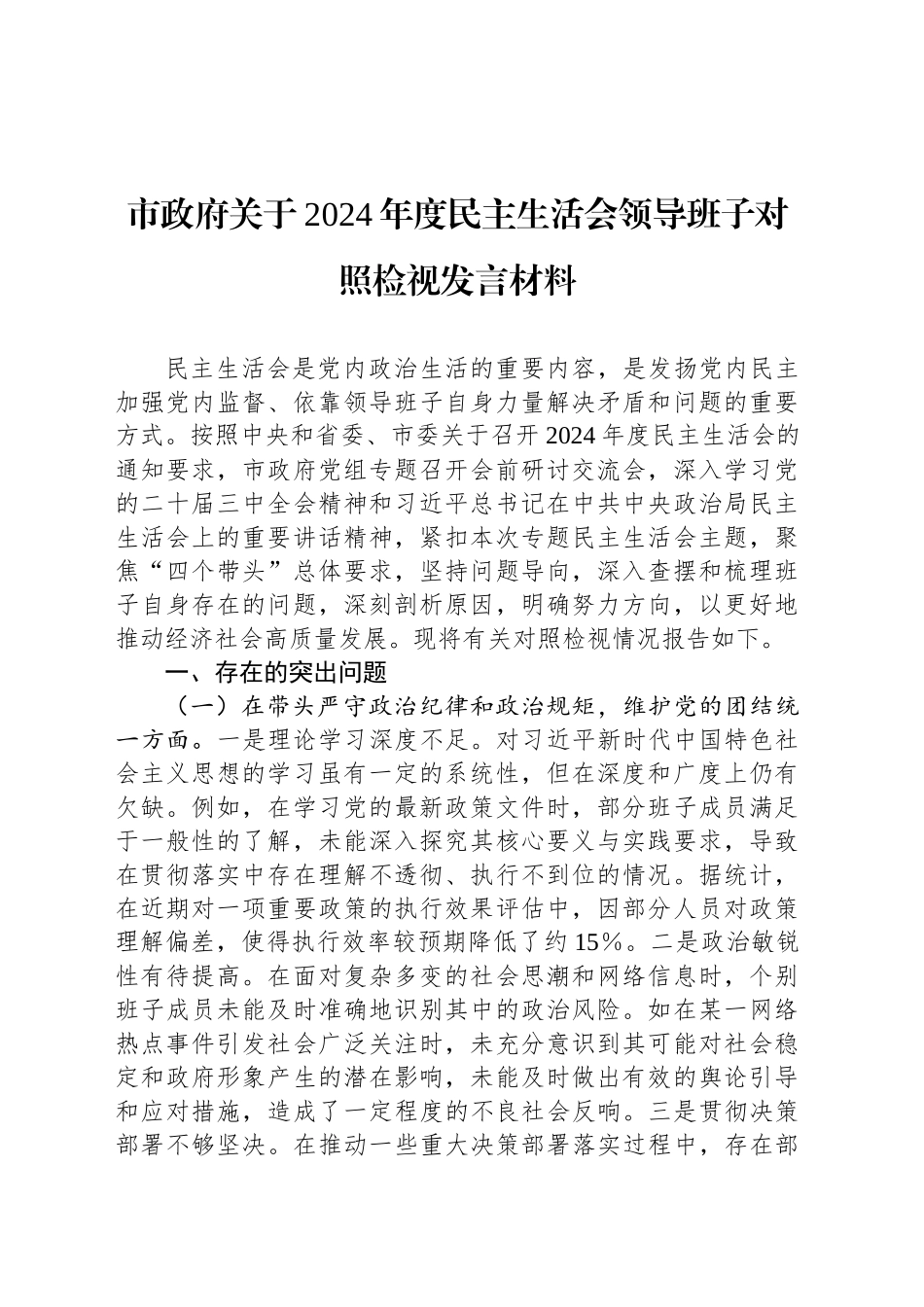 市政府关于2024年度民主生活会领导班子对照检视发言材料_第1页