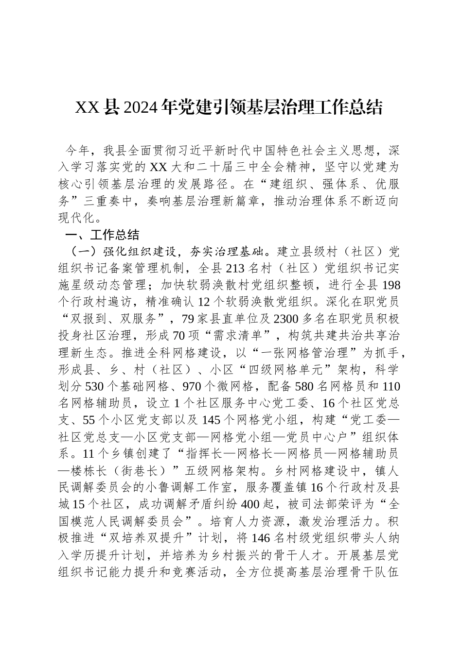 XX县2024年党建引领基层治理工作总结_第1页