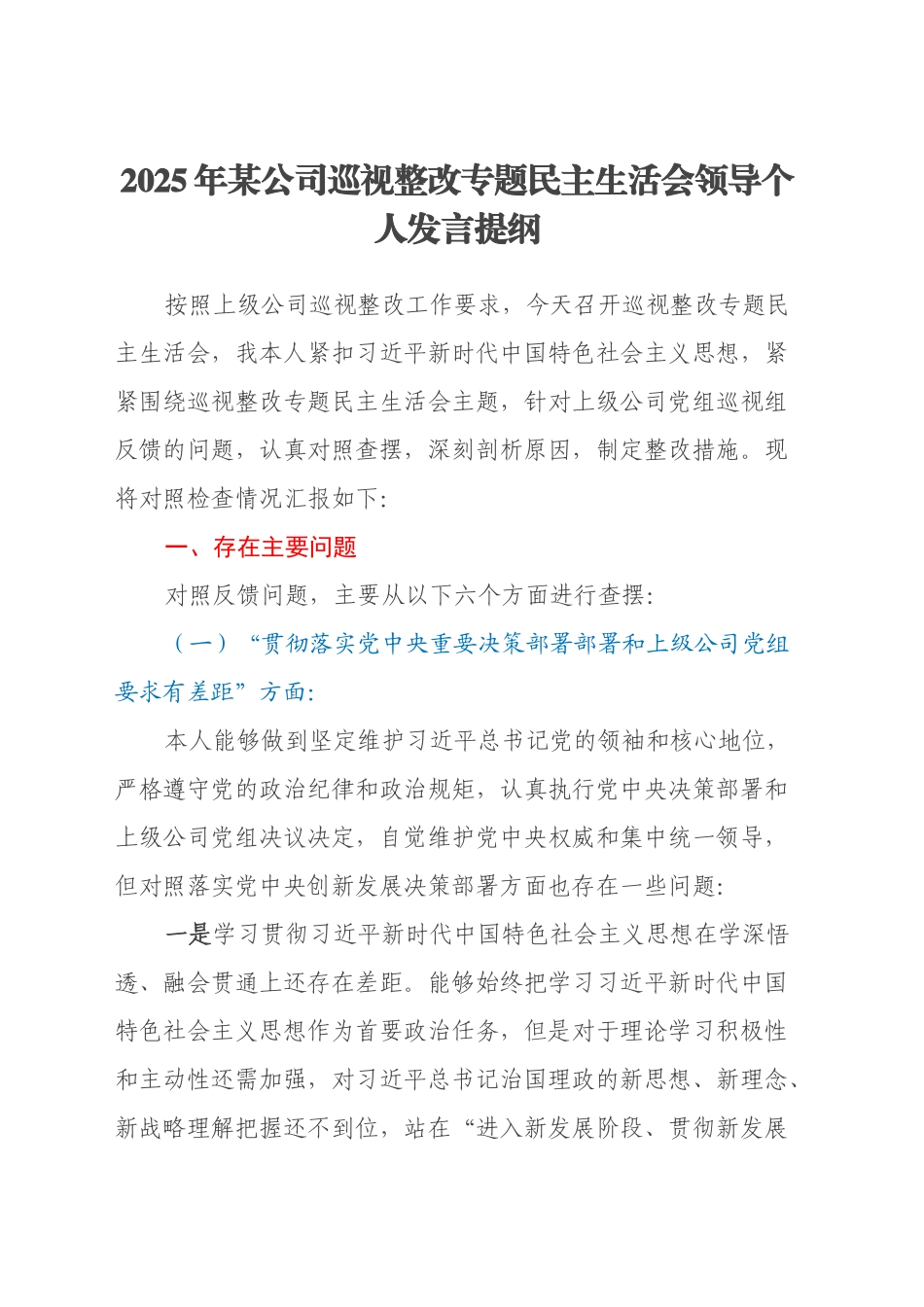 2025年某公司巡视整改专题民主生活会领导个人发言提纲_第1页