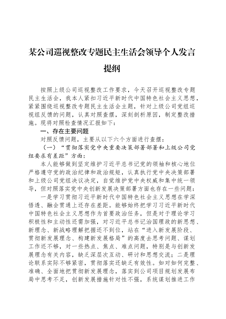 某公司巡视整改专题民主生活会领导个人发言提纲_第1页