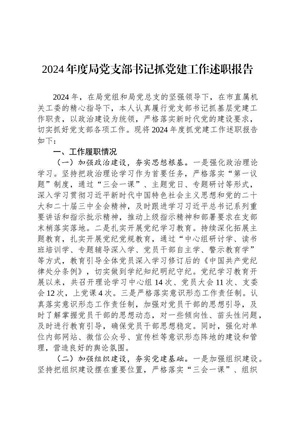 2024年度局党支部书记抓党建工作述职报告_第1页