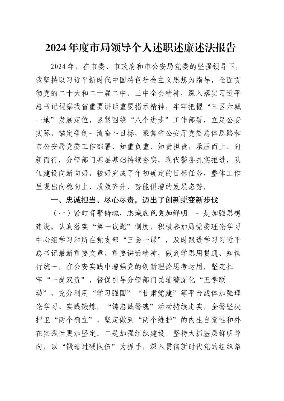 2024年度市局领导个人述职述廉述法报告_第1页