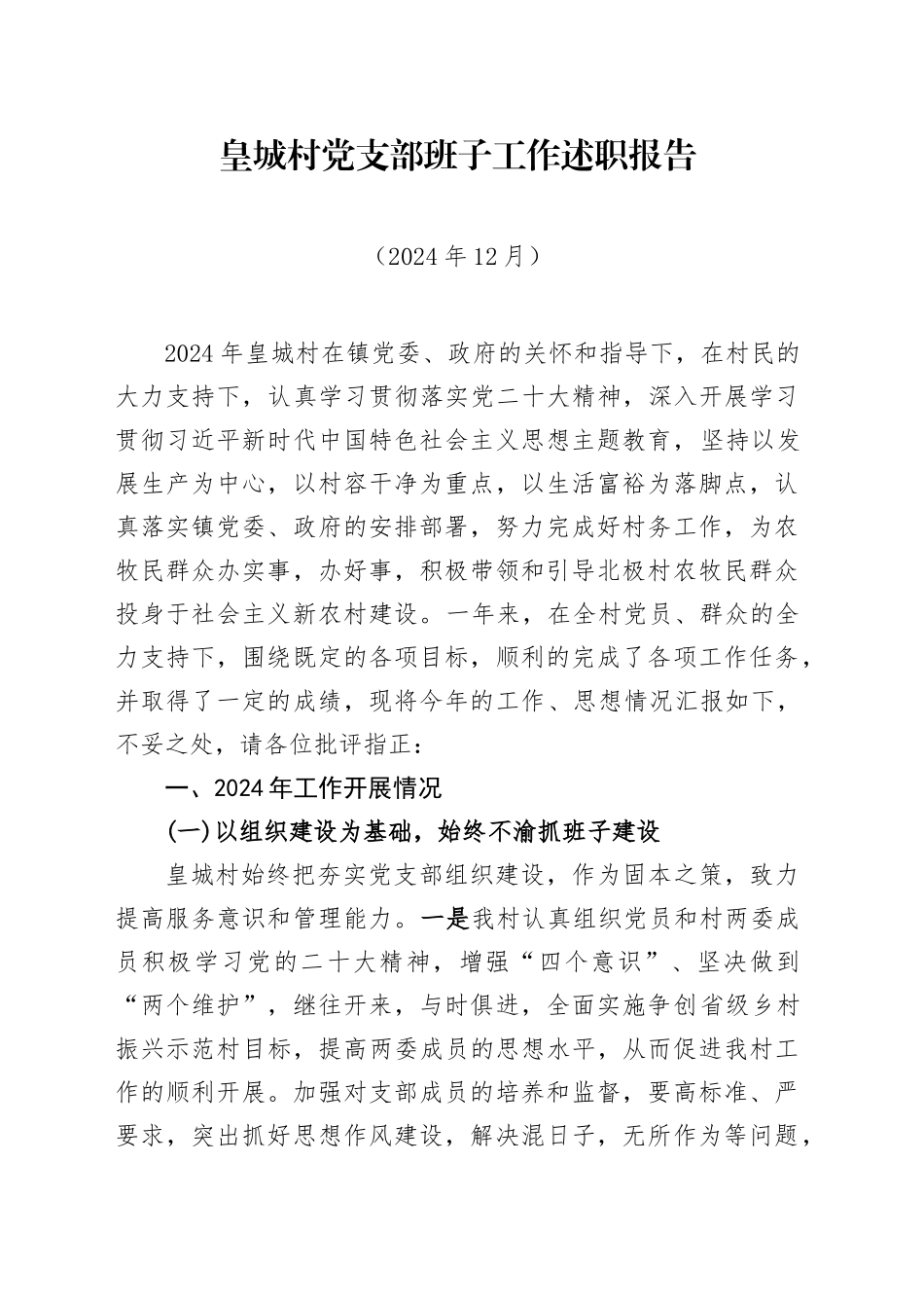 XX村党支部班子工作述职报告(202412)_第1页