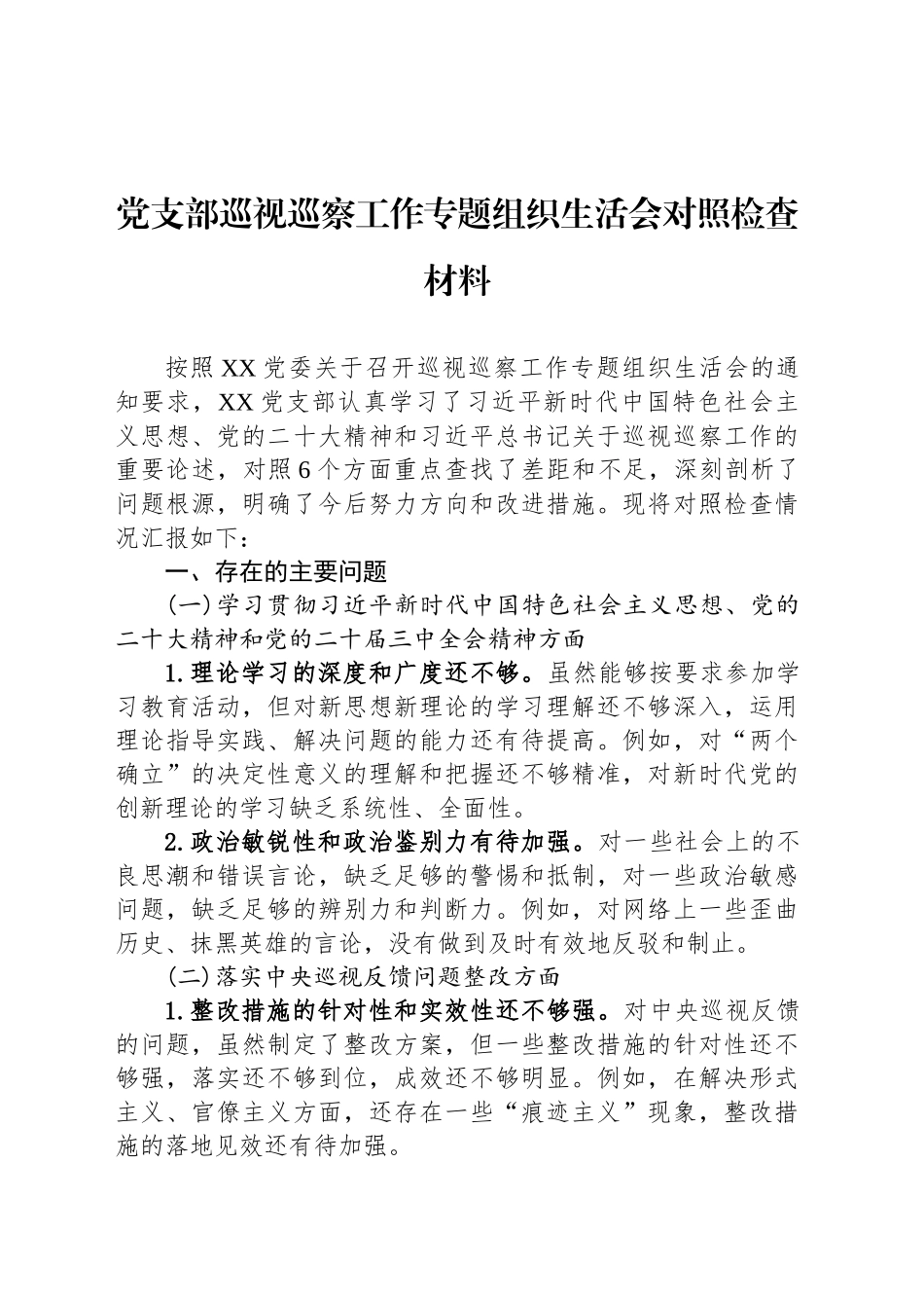 党支部巡视巡察工作专题组织生活会对照检查材料_第1页