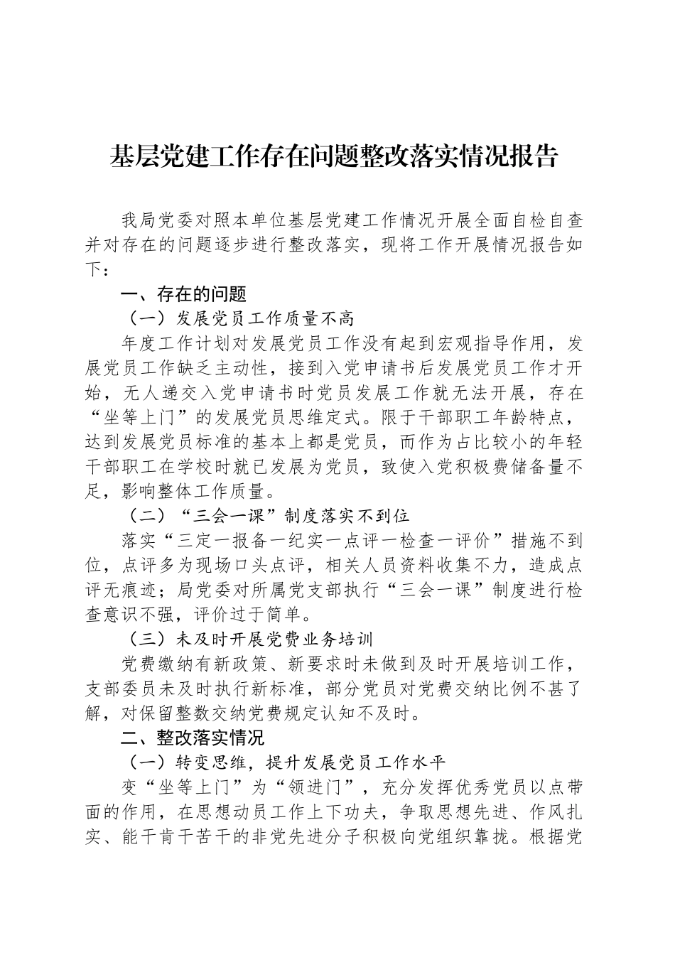 基层党建工作存在问题整改落实情况报告_第1页