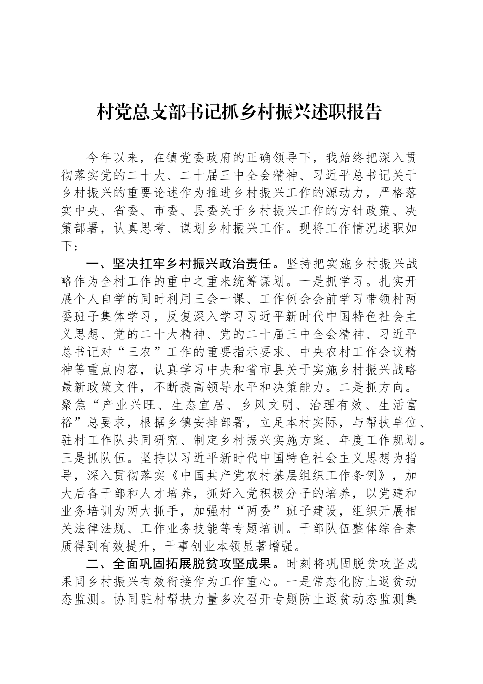 村党总支部书记抓乡村振兴述职报告_第1页