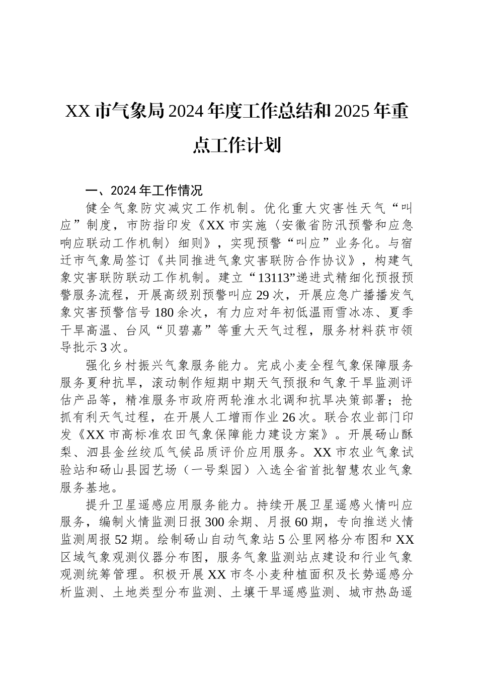 XX市气象局2024年度工作总结和2025年重点工作计划_第1页