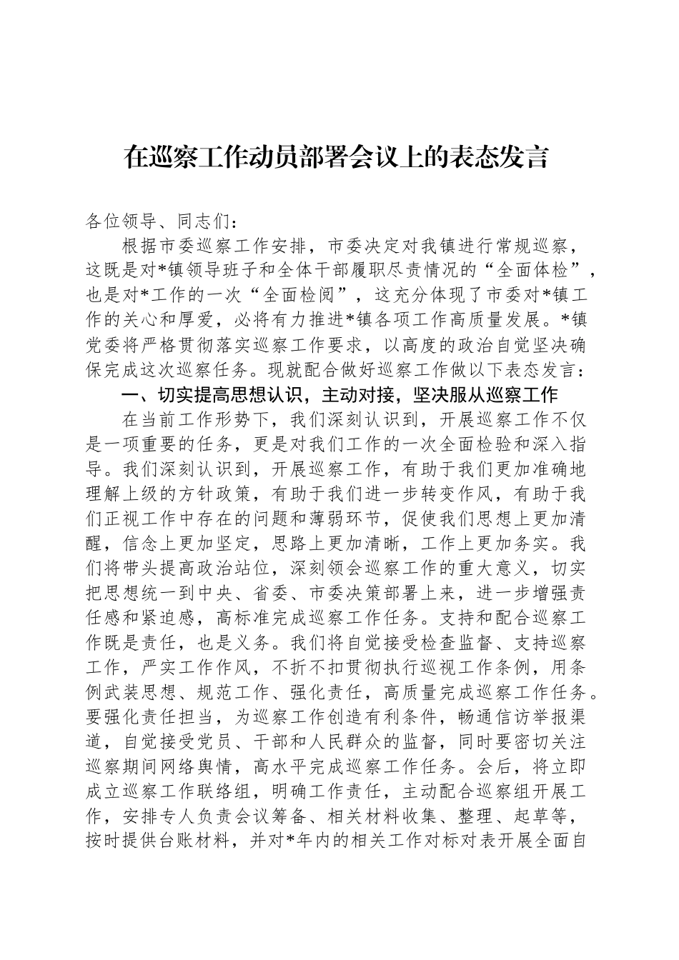 在巡察工作动员部署会议上的表态发言_第1页