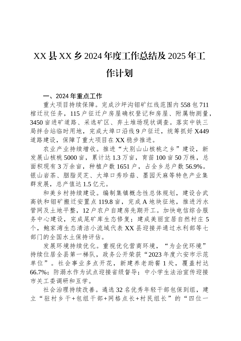 XX县XX乡2024年度工作总结及2025年工作计划_第1页