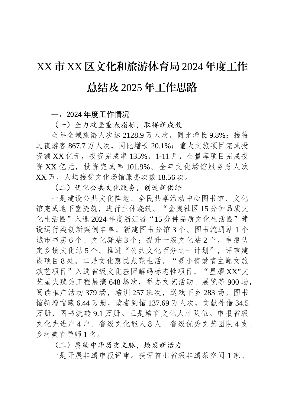 XX市XX区文化和旅游体育局2024年度工作总结及2025年工作思路_第1页