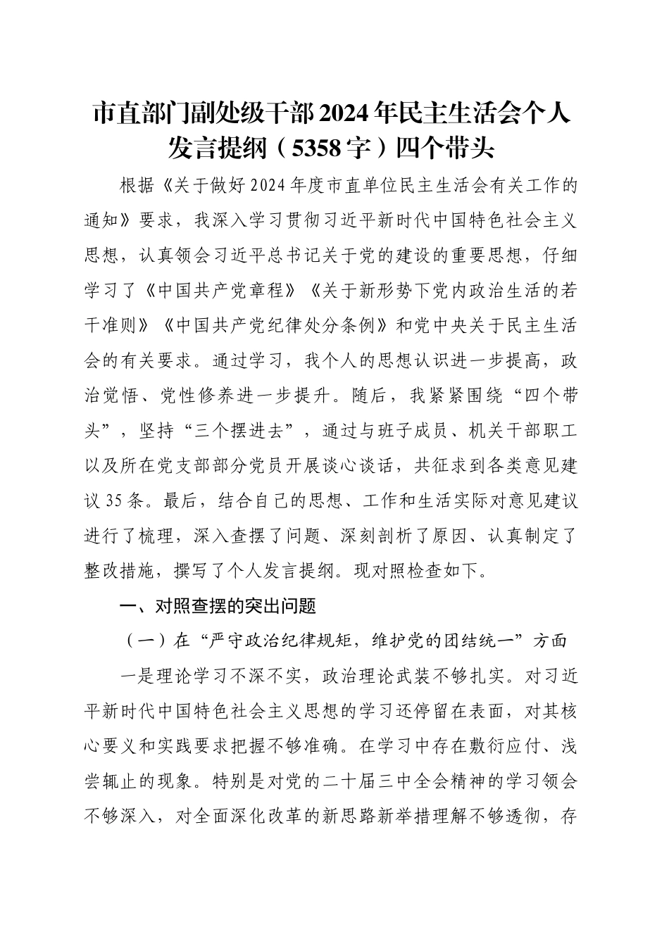 市直部门副处级干部2024年民主生活会个人发言提纲（5358字）四个带头_第1页