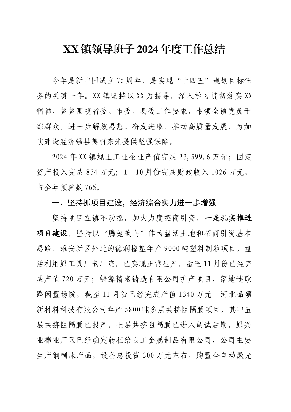 XX镇领导班子2024年度工作总结_第1页