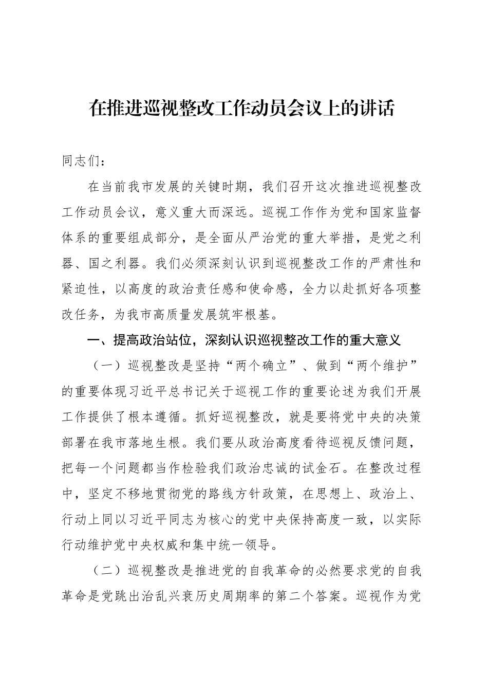 在推进巡视整改工作动员会议上的讲话_第1页