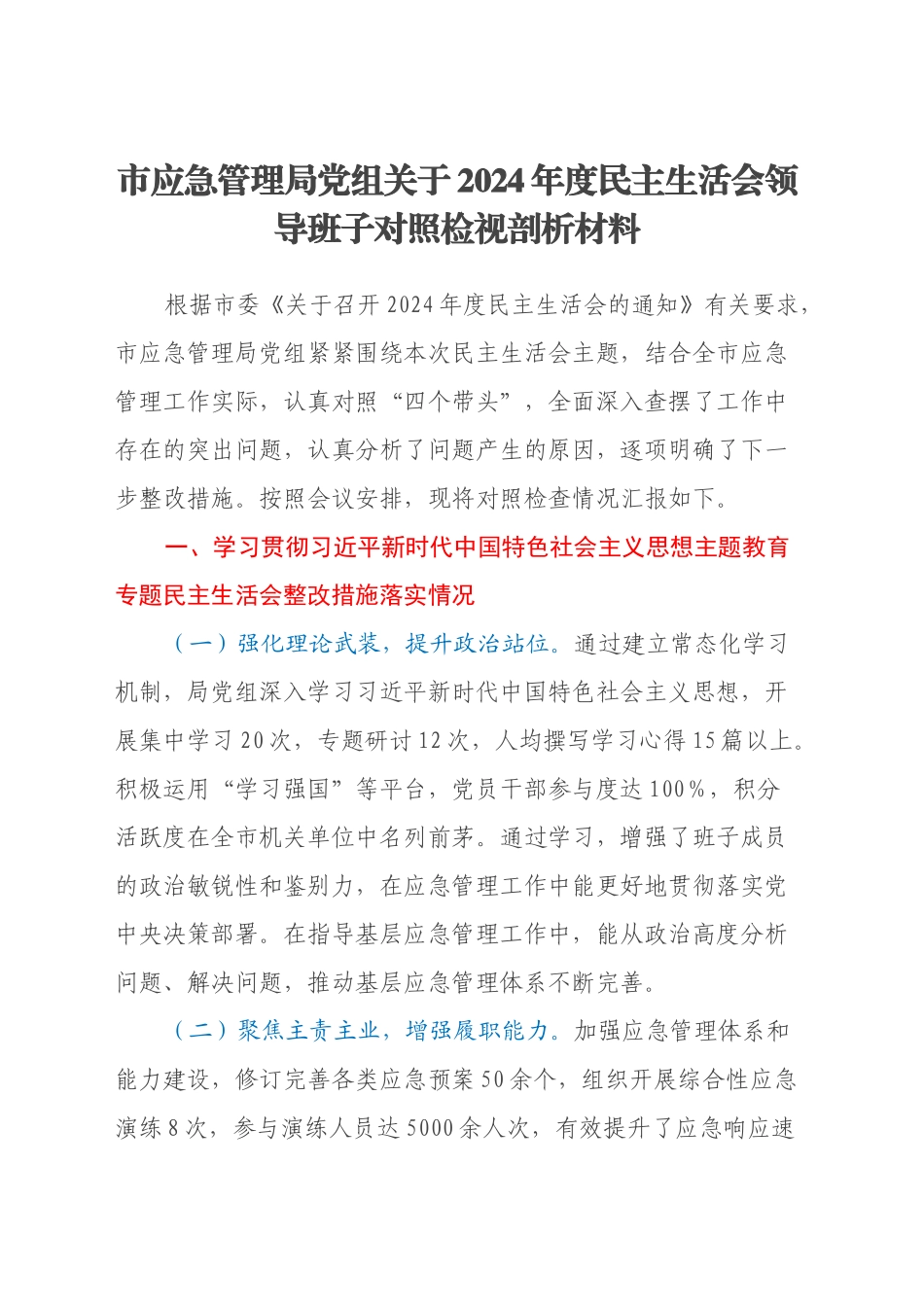 市应急管理局党组关于2024年度民主生活会领导班子对照检视剖析材料_第1页