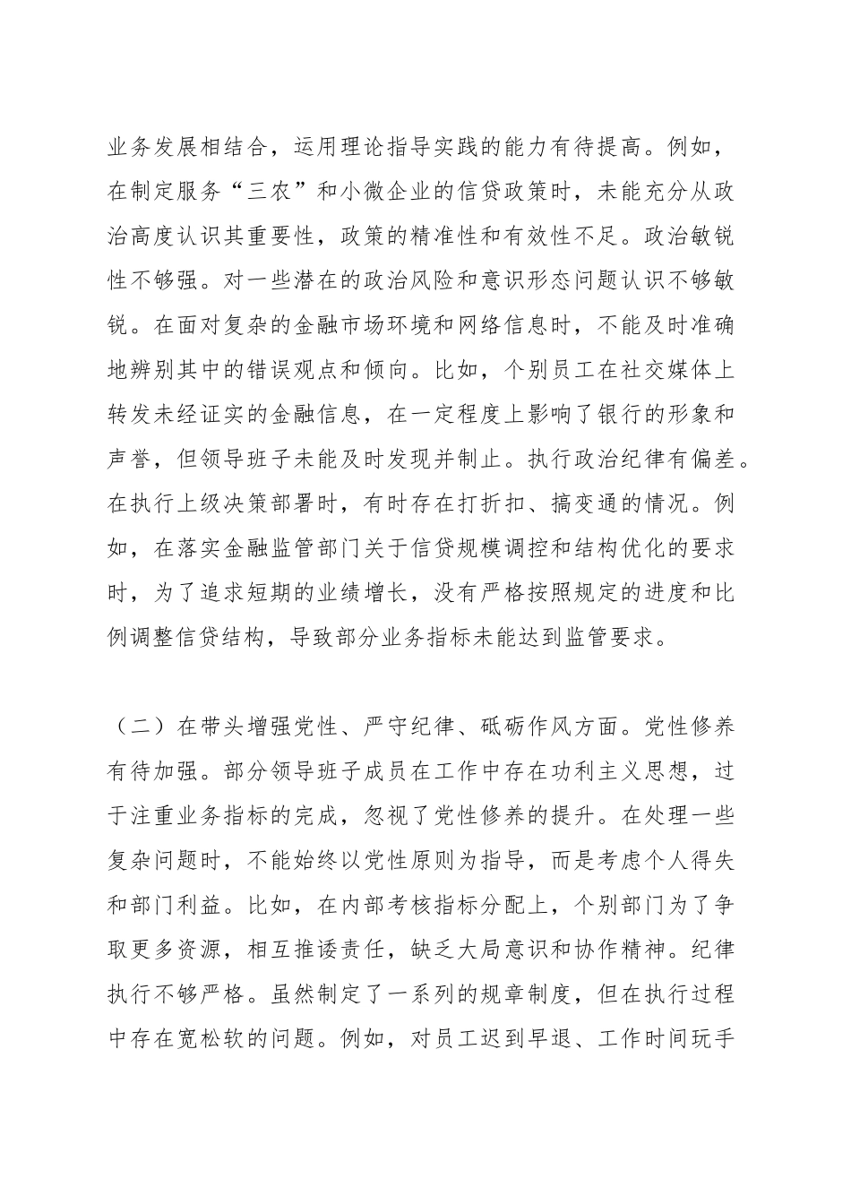 某银行2024年度民主生活会领导班子对照检视发言材料_第2页