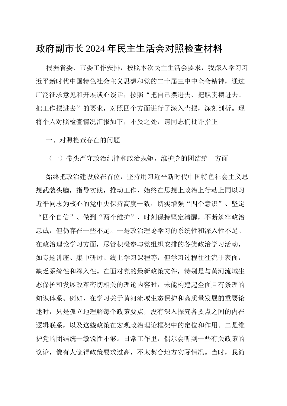 政府副市长2024年民主生活会对照检查材料_第1页