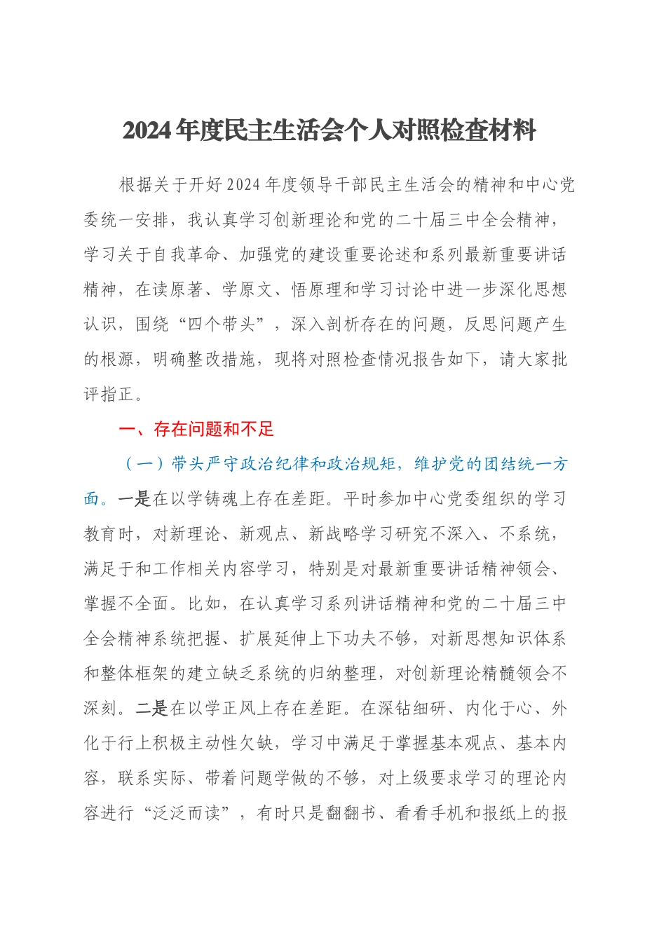 2024年度民主生活会个人对照检查材料(副职）_第1页