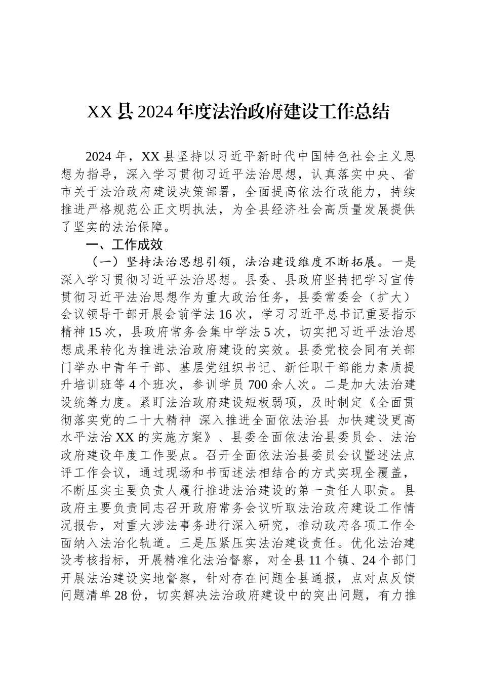 XX县2024年度法治政府建设工作总结_第1页