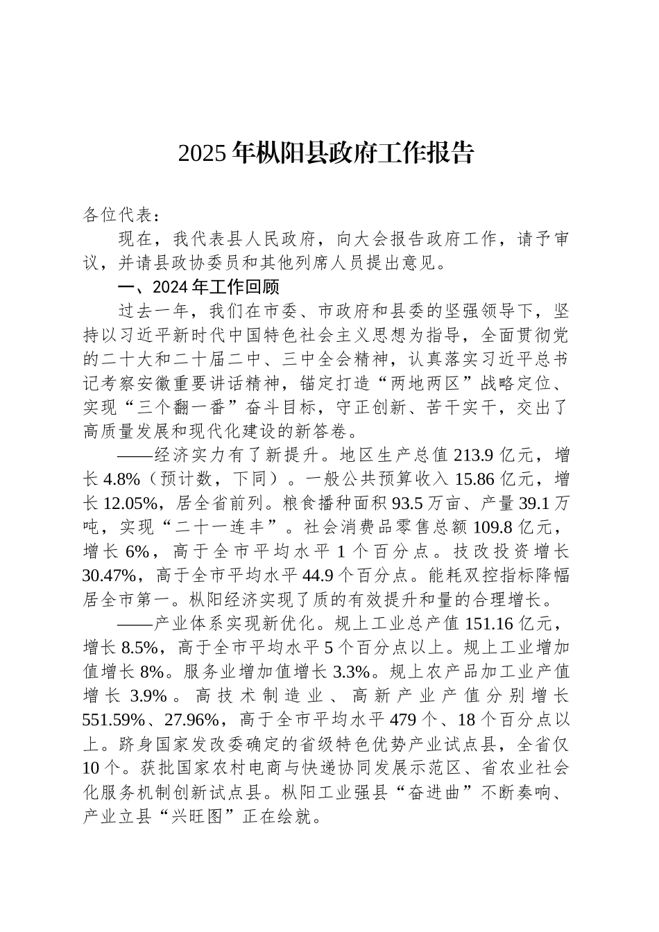 2025年枞阳县政府工作报告_第1页