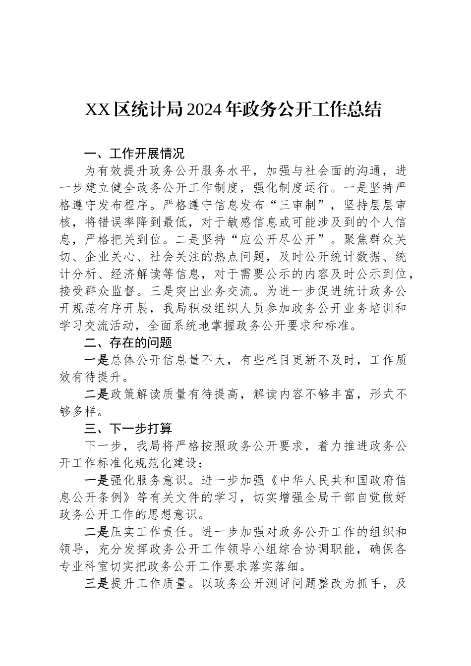 XX区统计局2024年政务公开工作总结_第1页