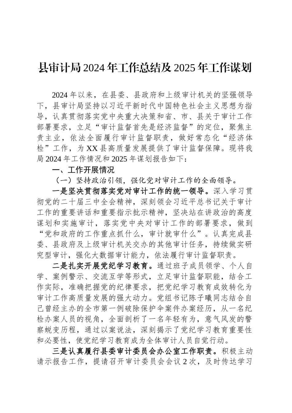 县审计局2024年工作总结及2025年工作谋划_第1页