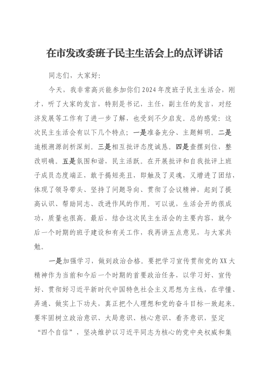 在市发改委班子民主生活会上的点评讲话_第1页