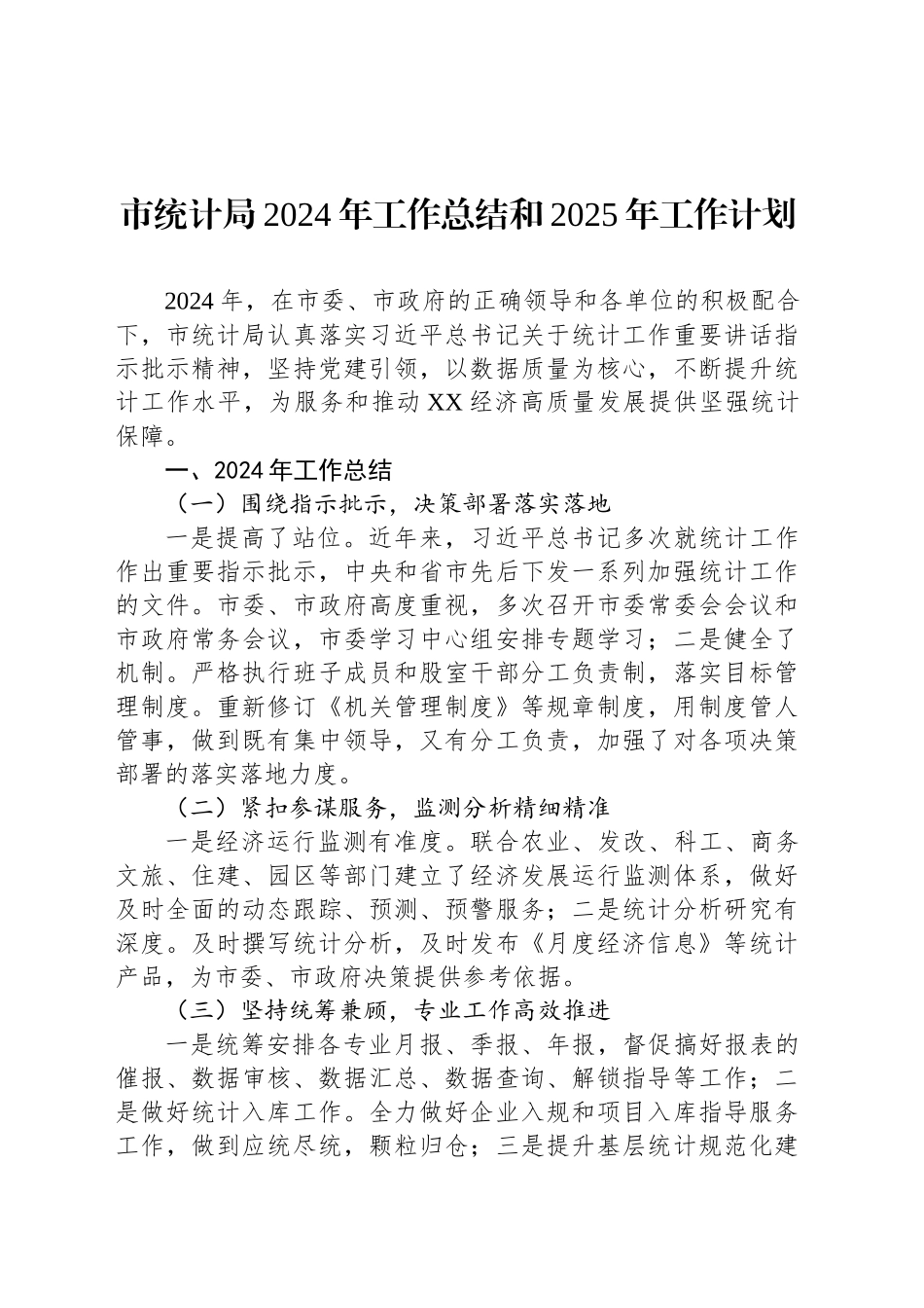 市统计局2024年工作总结和2025年工作计划_第1页