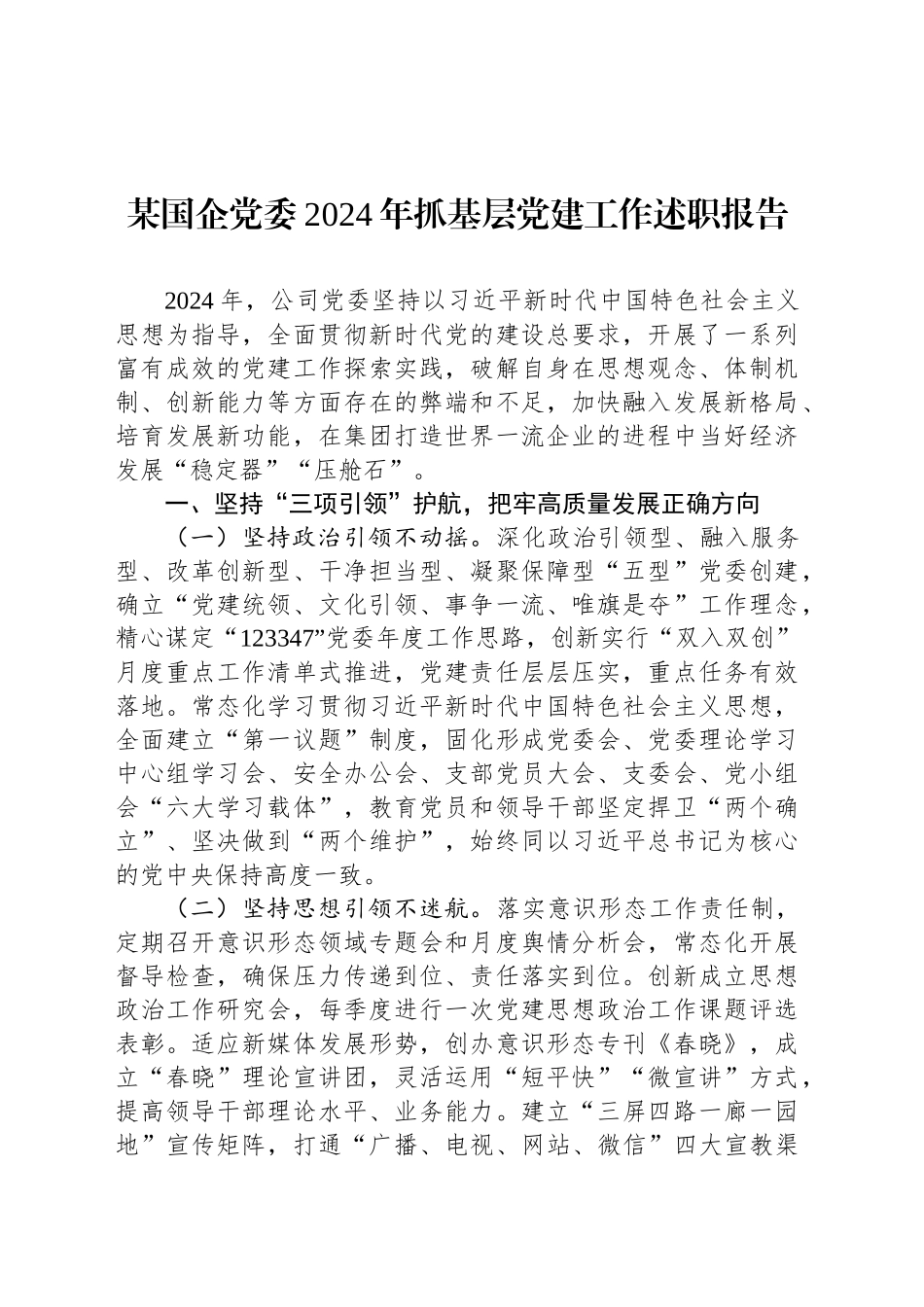 某国企党委2024年抓基层党建工作述职报告_第1页