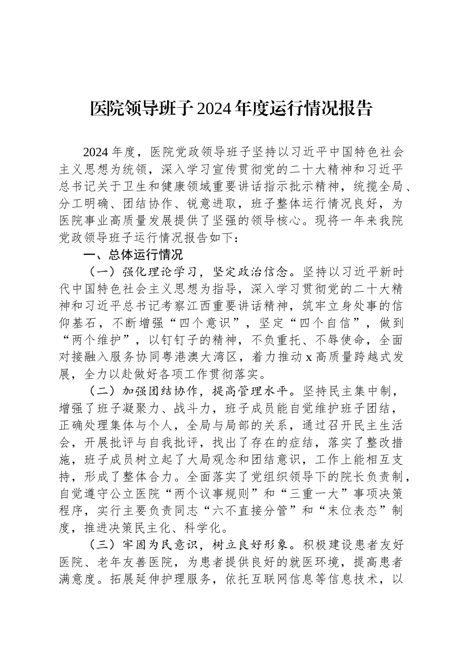 医院领导班子2024年度运行情况报告_第1页