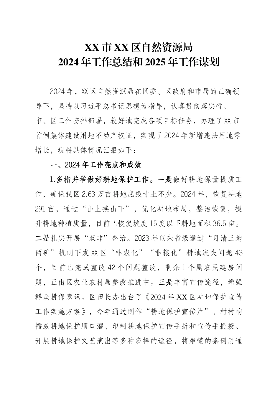 XX区自然资源局2024年工作总结和2025年工作谋划_第1页