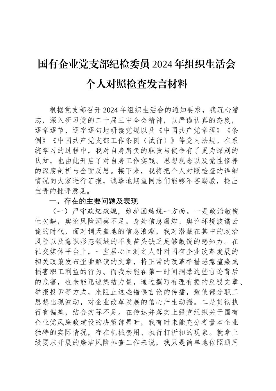 国有企业党支部纪检委员2024年组织生活会个人对照检查发言材料_第1页