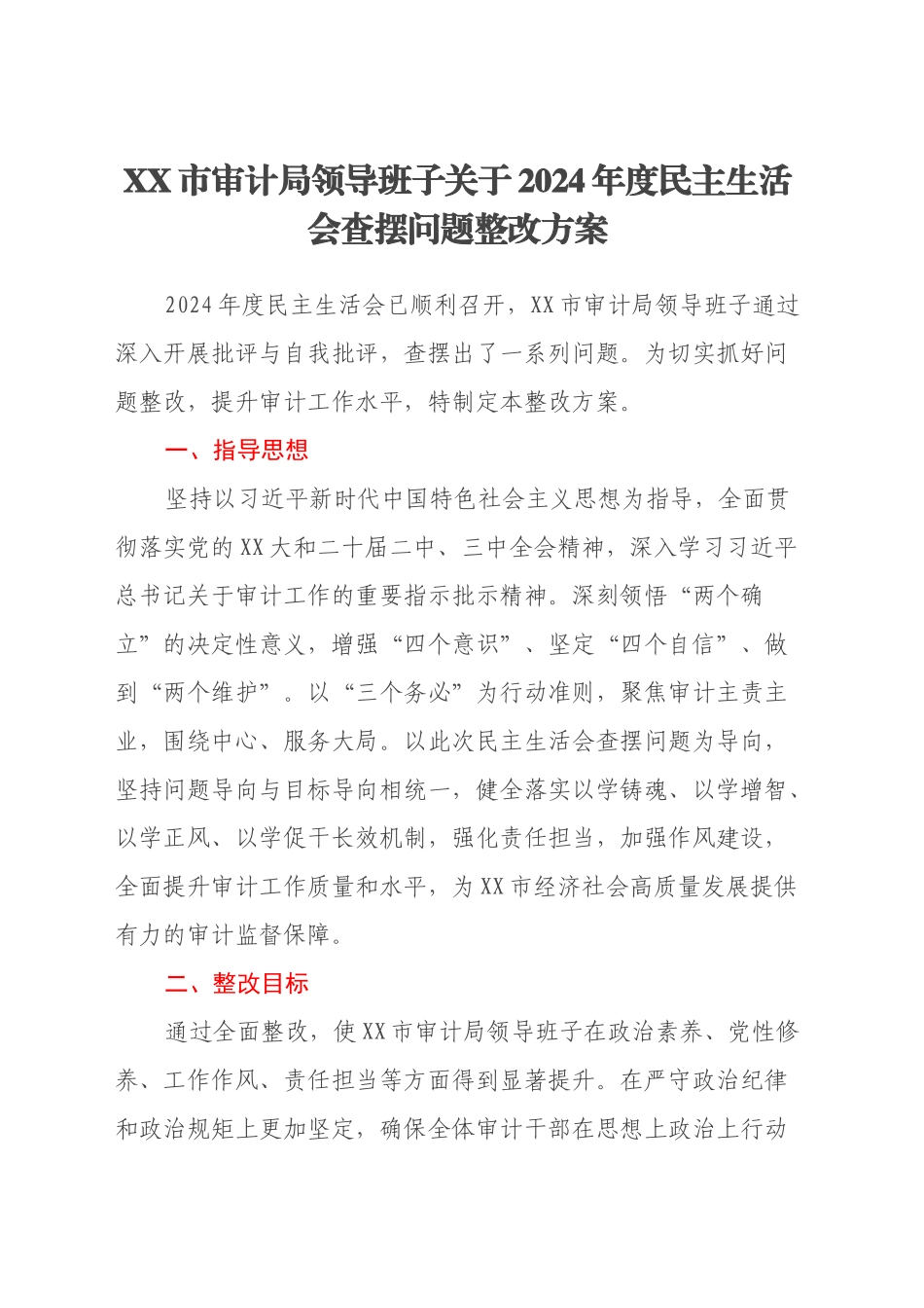 XX市审计局领导班子关于2024年度民主生活会查摆问题整改方案_第1页