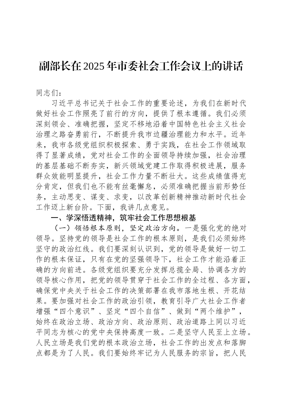 副部长在2025年市委社会工作会议上的讲话_第1页