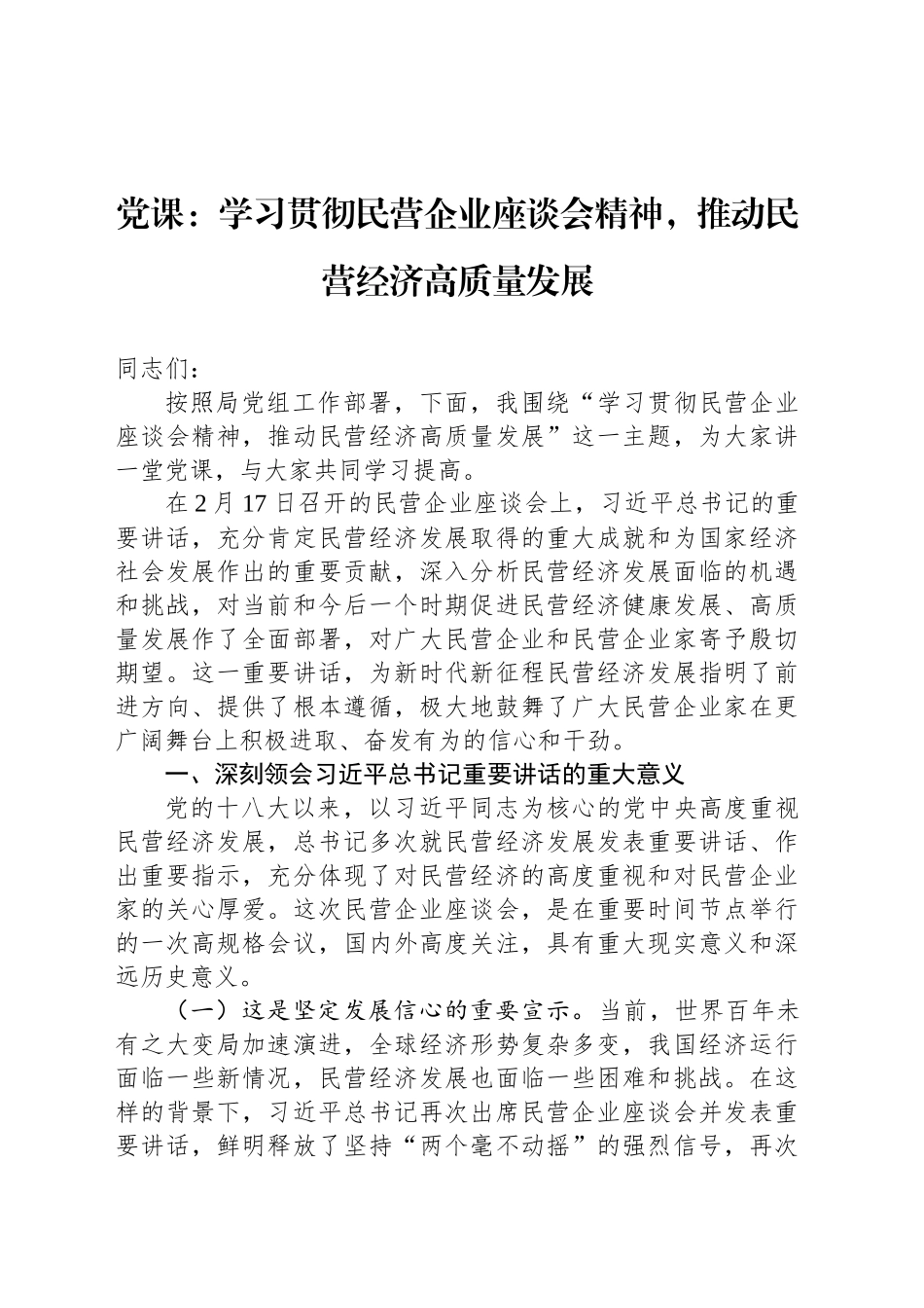 党课：学习贯彻民营企业座谈会精神，推动民营经济高质量发展_第1页