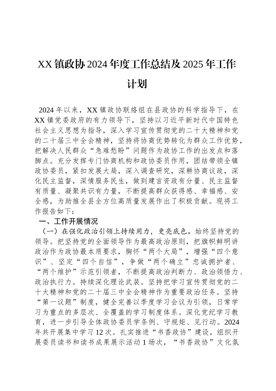 XX镇政协2024年度工作总结及2025年工作计划_第1页