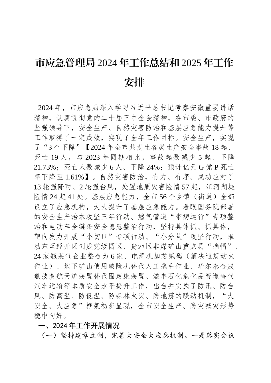 市应急管理局2024年工作总结和2025年工作安排_第1页