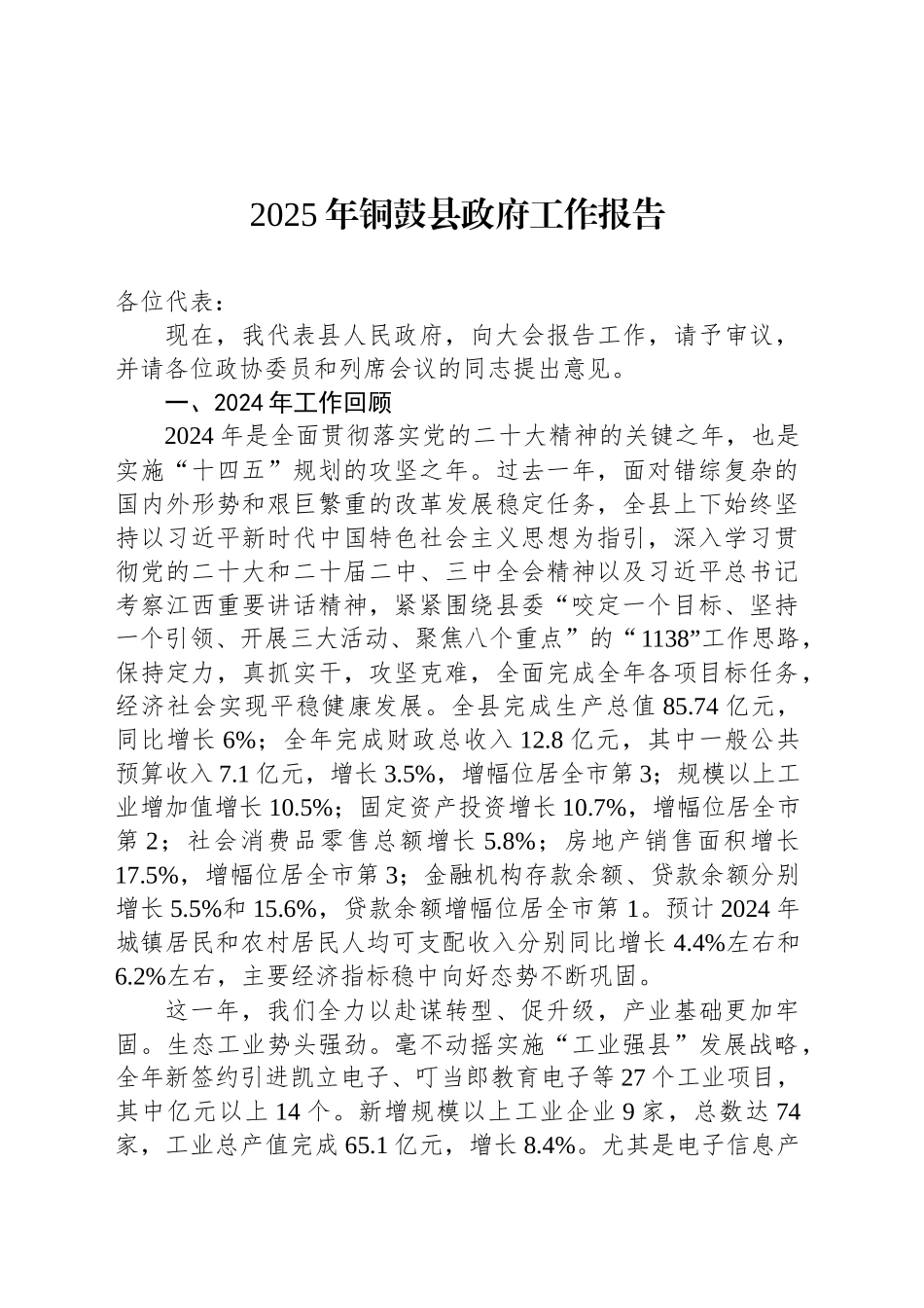 2025年铜鼓县政府工作报告_第1页