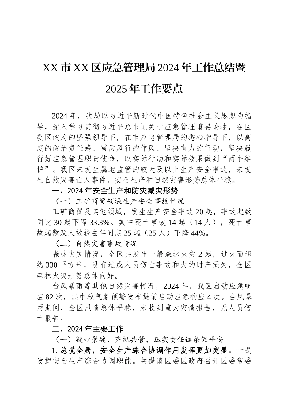 XX市XX区应急管理局2024年工作总结暨2025年工作要点_第1页