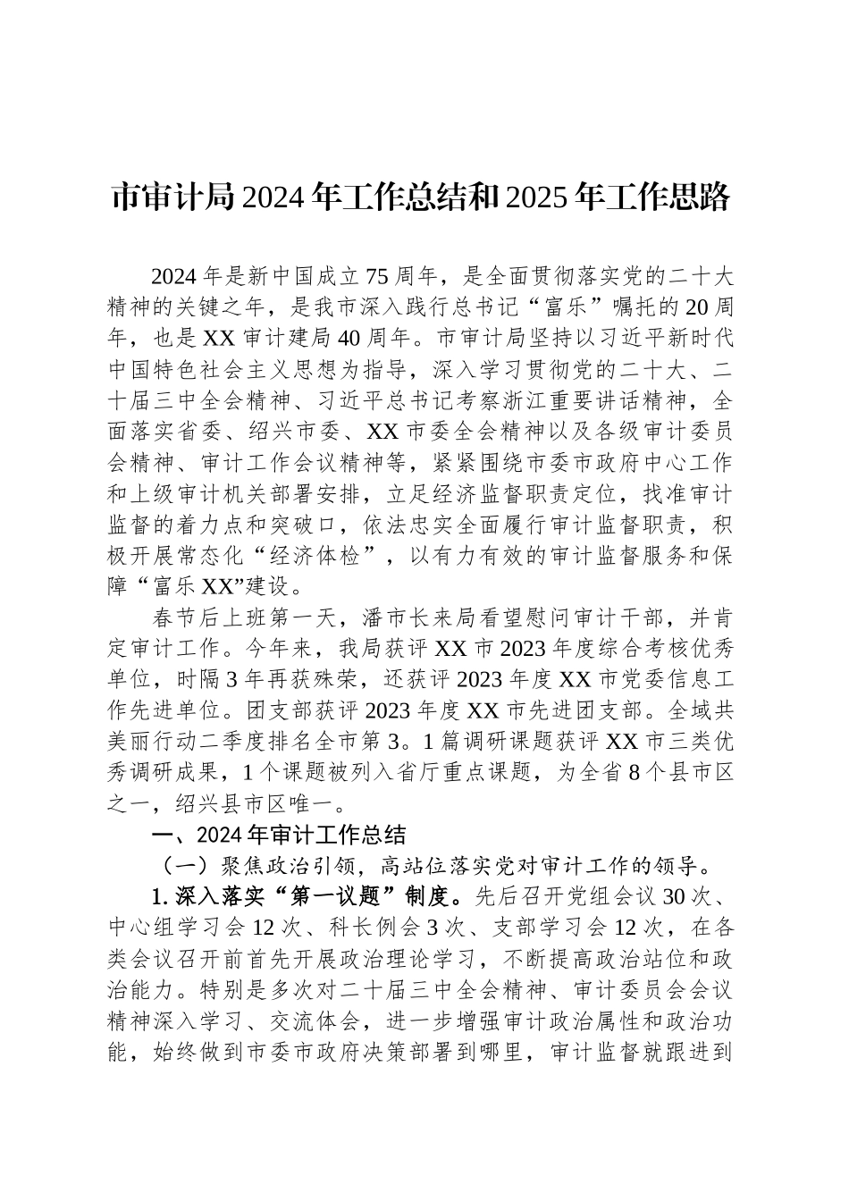 市审计局2024年工作总结和2025年工作思路_第1页