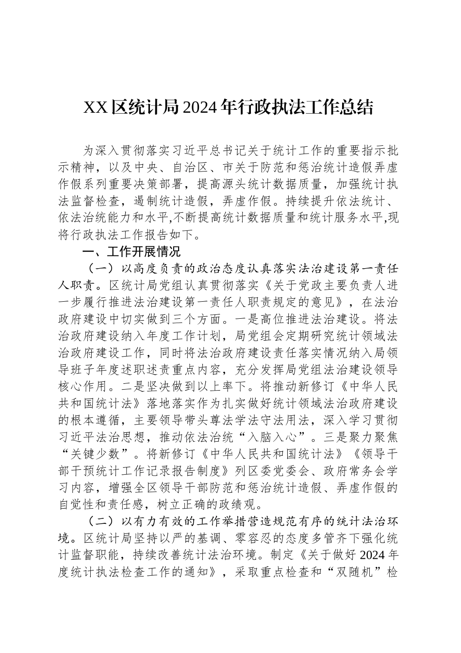 XX区统计局2024年行政执法工作总结_第1页