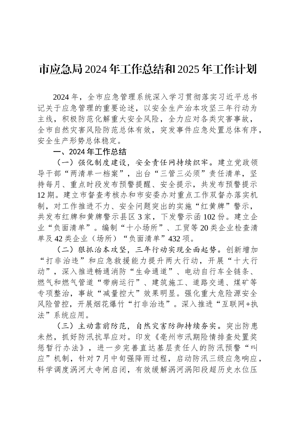 市应急局2024年工作总结和2025年工作计划_第1页