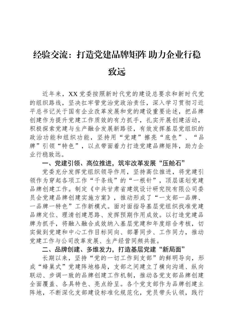 经验交流：打造党建品牌矩阵 助力企业行稳致远_第1页
