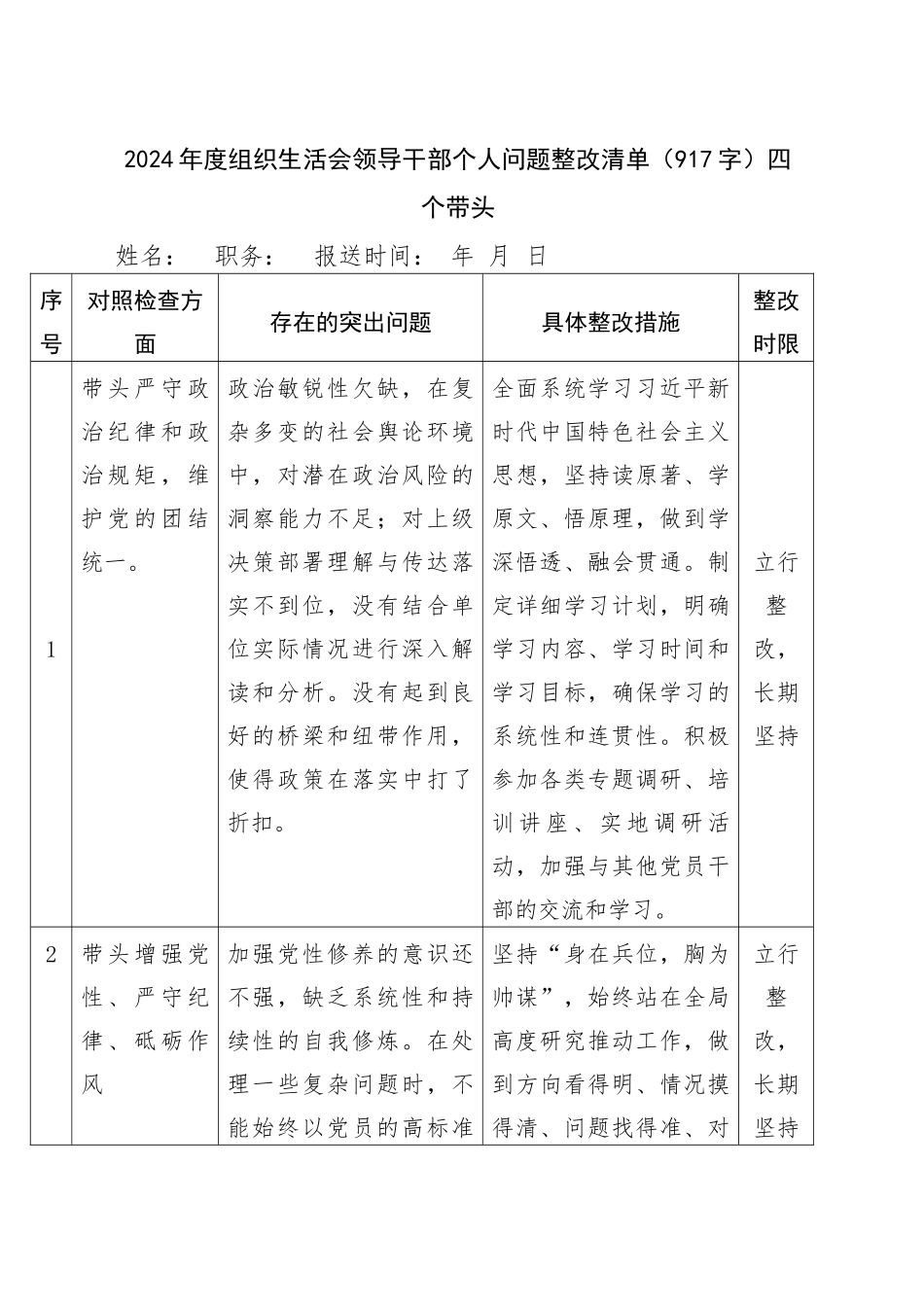 2024年度组织生活会领导干部个人问题整改清单（917字）四个带头_第1页