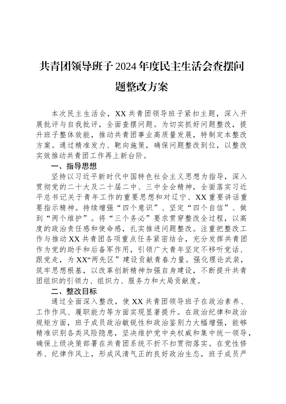 共青团领导班子2024年度民主生活会查摆问题整改方案_第1页