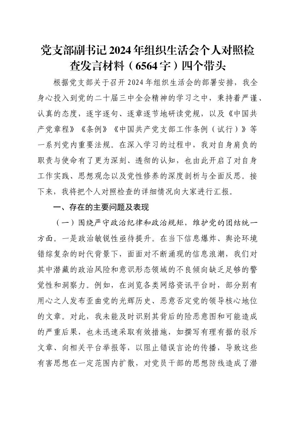 党支部副书记2024年组织生活会个人对照检查发言材料（6564字）四个带头_第1页