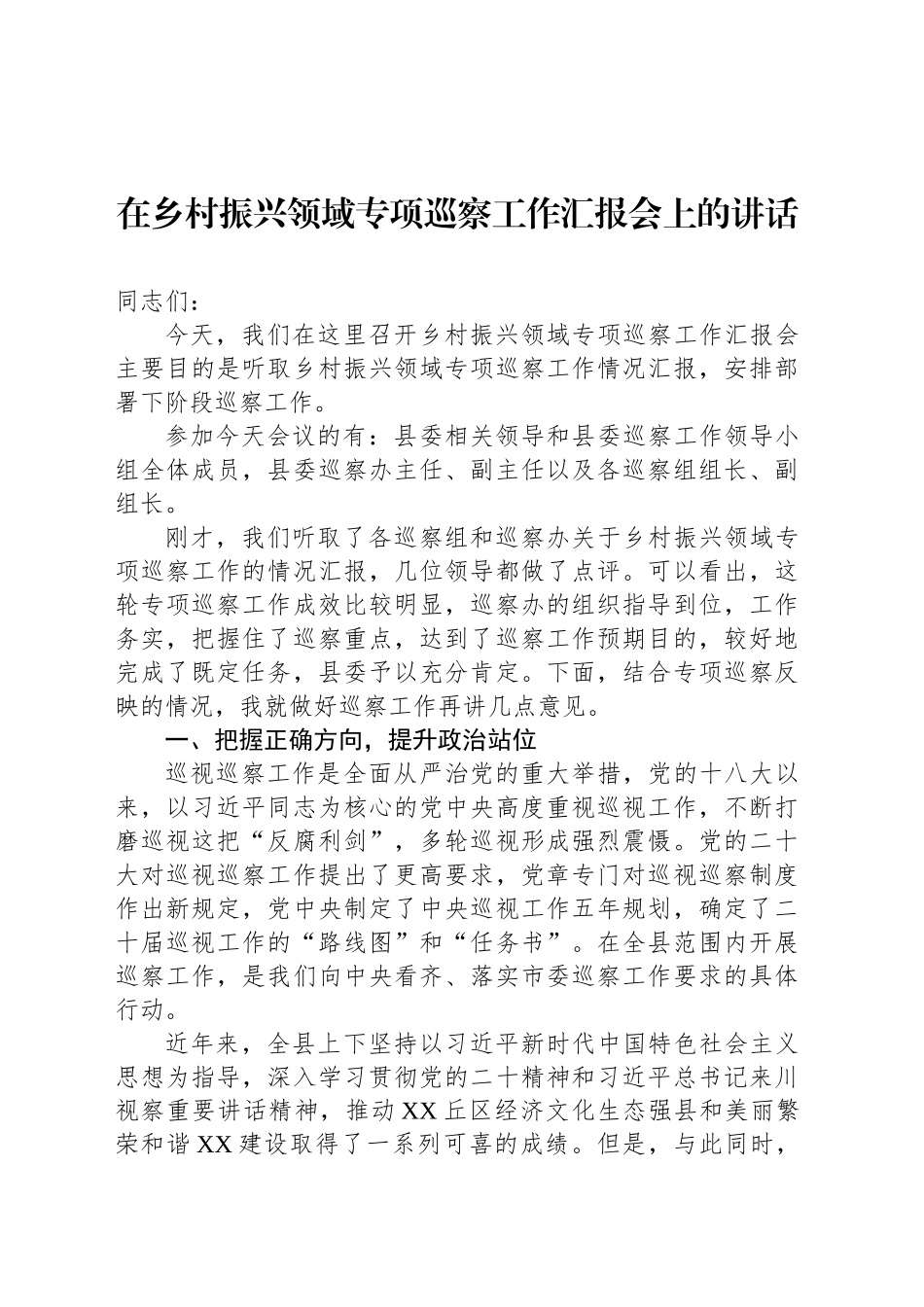 在乡村振兴领域专项巡察工作汇报会上的讲话_第1页