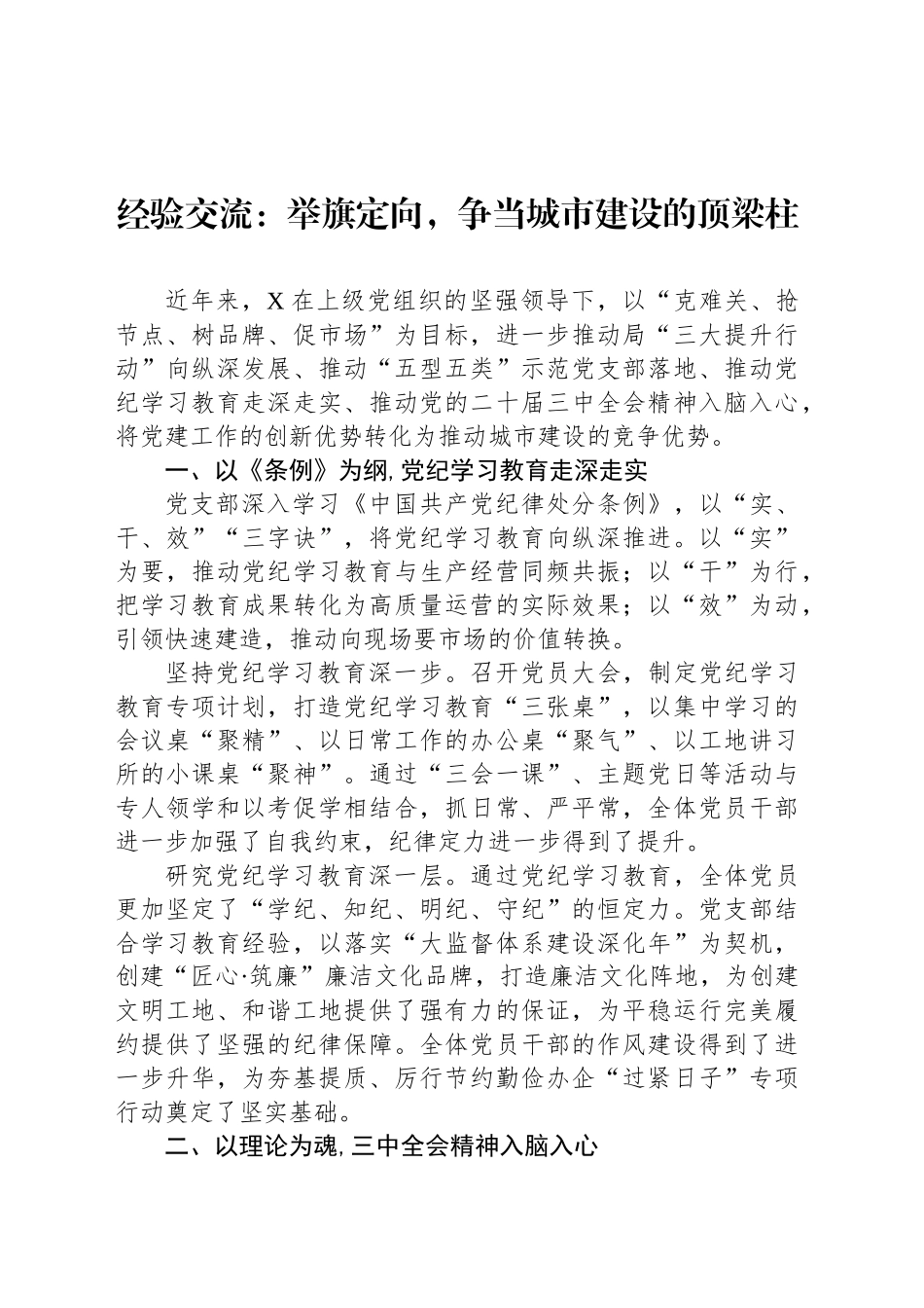 经验交流：举旗定向，争当城市建设的顶梁柱_第1页
