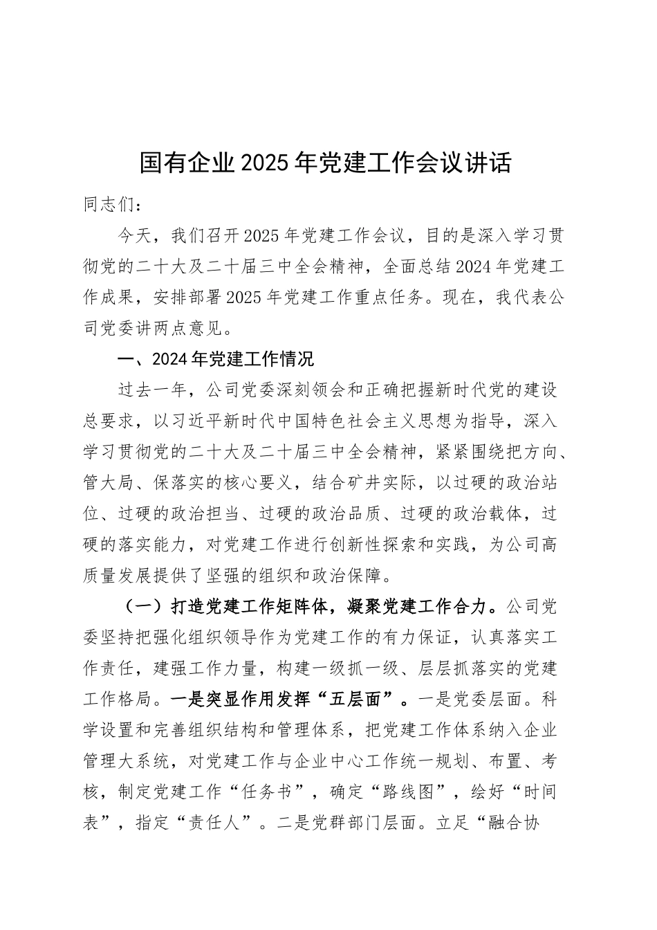 国有企业2025年党建工作会议讲话公司2024年总结汇报报告20250305_第1页