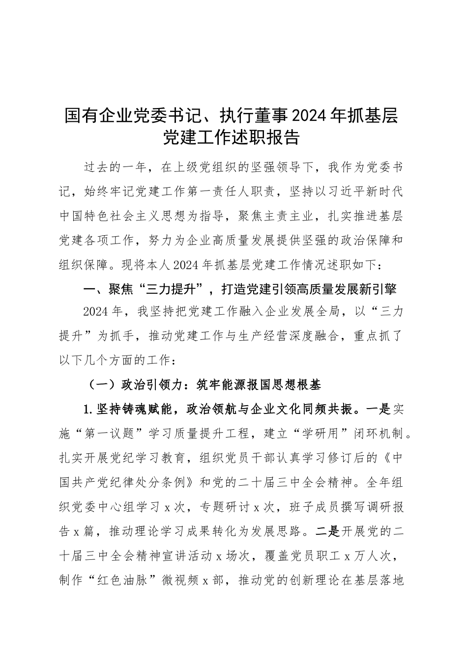 国有企业党委书记、执行董事2024年抓基层党建工作述职报告20250305_第1页